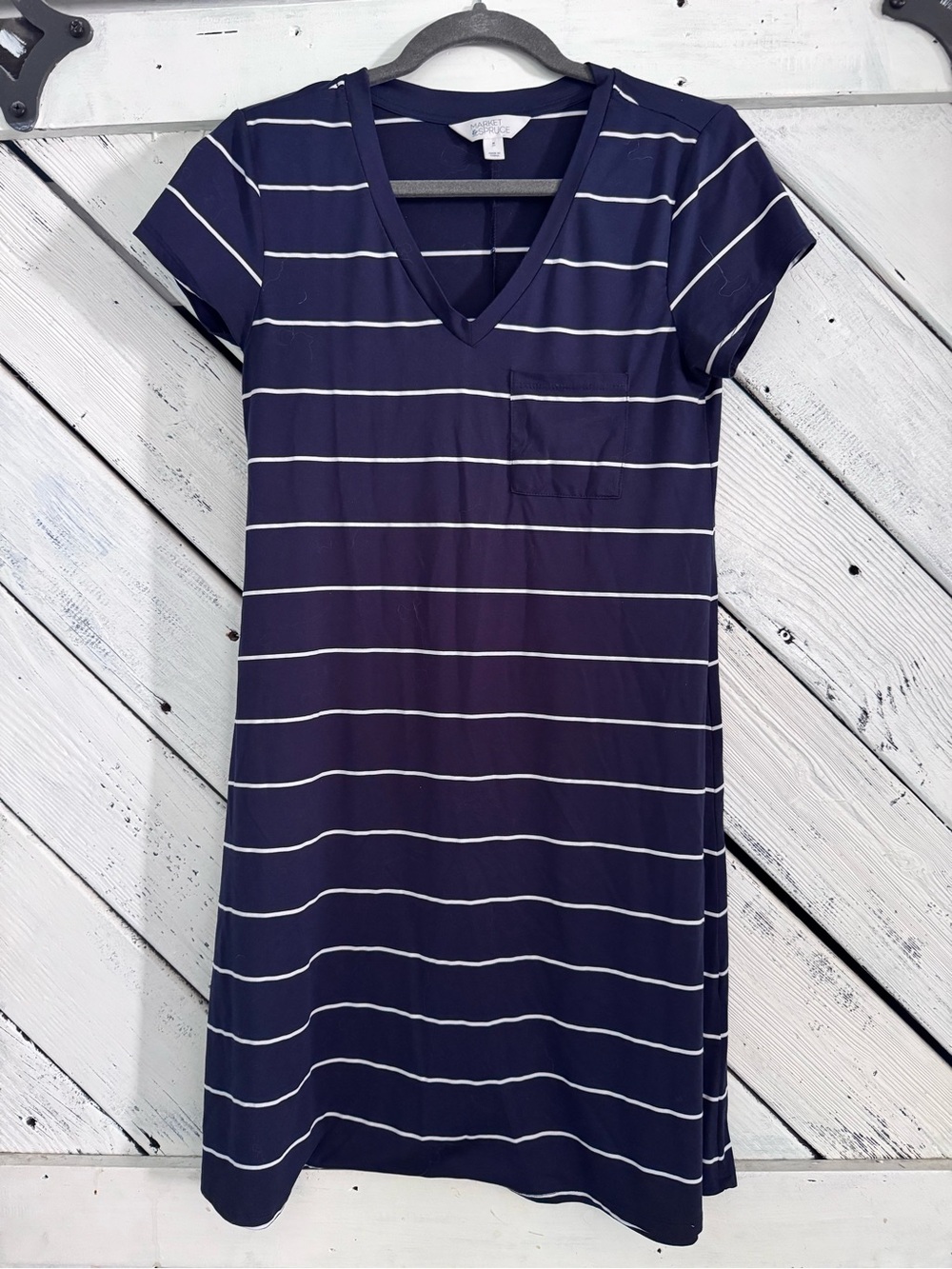 Market & Spruce Navy and White Striped V-Neck T-Shirt Dress